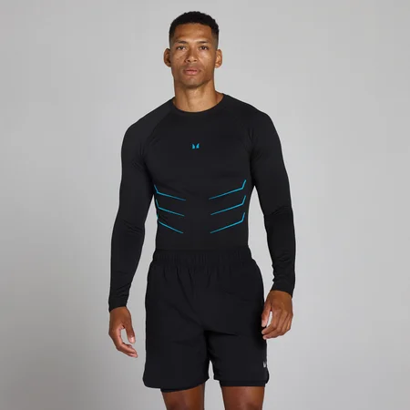 Top Lift Muscle Fit Sem Costuras Manga Comprida - Preto Desbotado/Azul Power