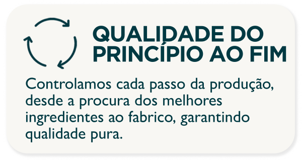 QUALIDADE DO PRINCÍPIO AO FIM. Controlamos cada passo da produção, desde a procura dos melhores ingredientes ao fabrico, garantindo qualidade pura.
